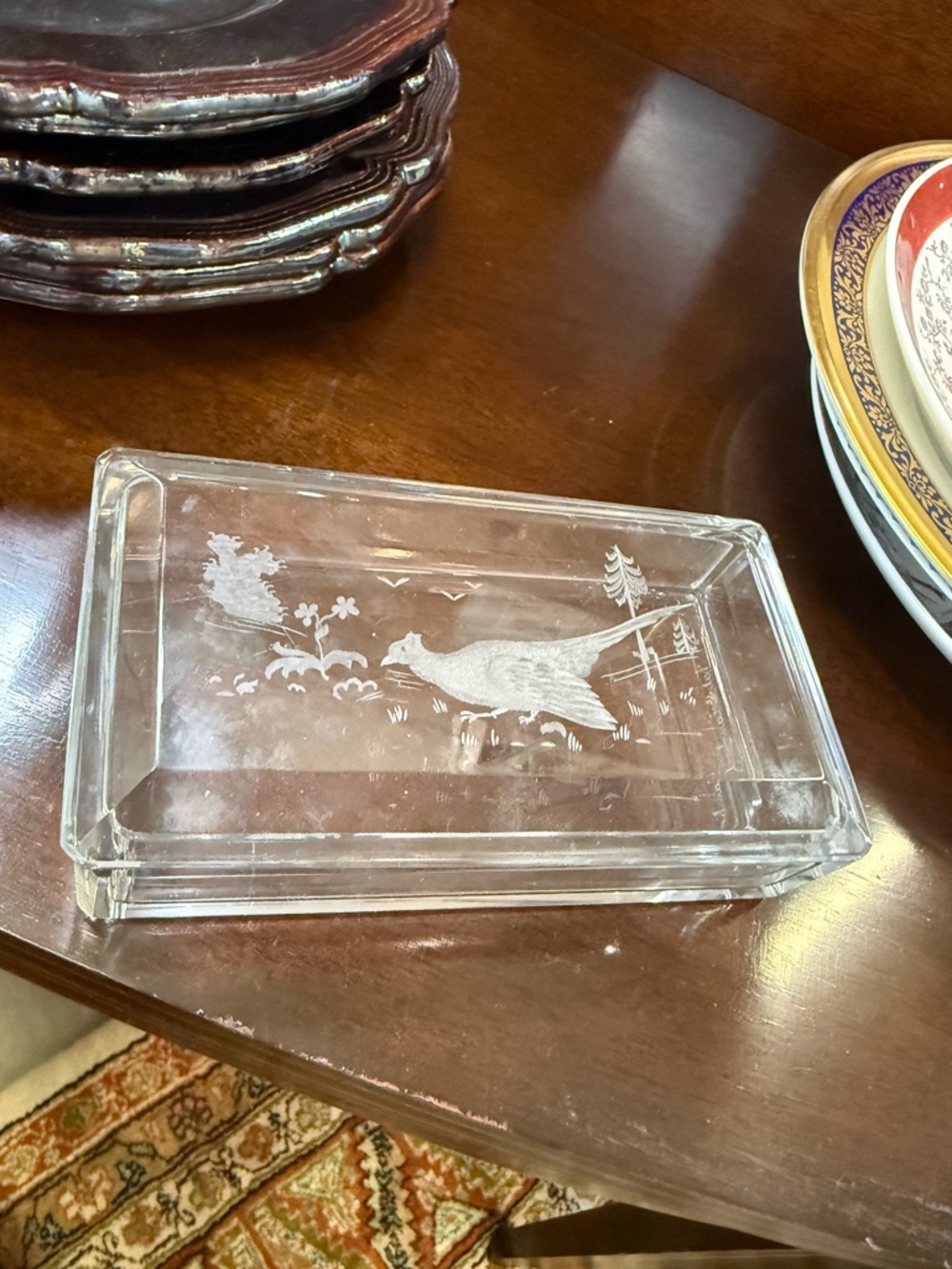 Vintage Crystal Cigarette Box Etched BirdsTrinket  Signed Val St Lambert